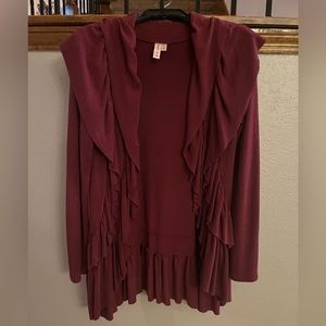 Cranberry colored ruffled cardigan jacket